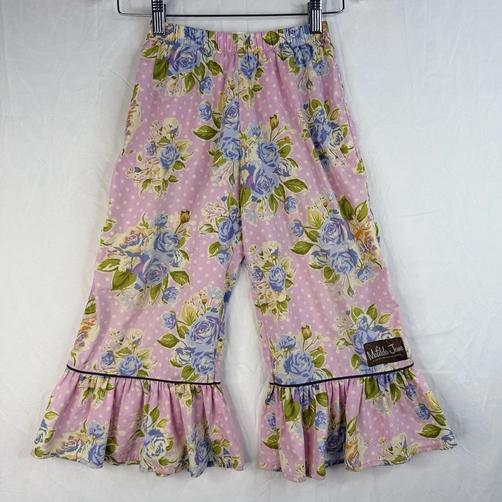 Matilda Jane Girls pants Pink Yellow Maple Sugar Big‎ Ruffles Good Hart Pants 6